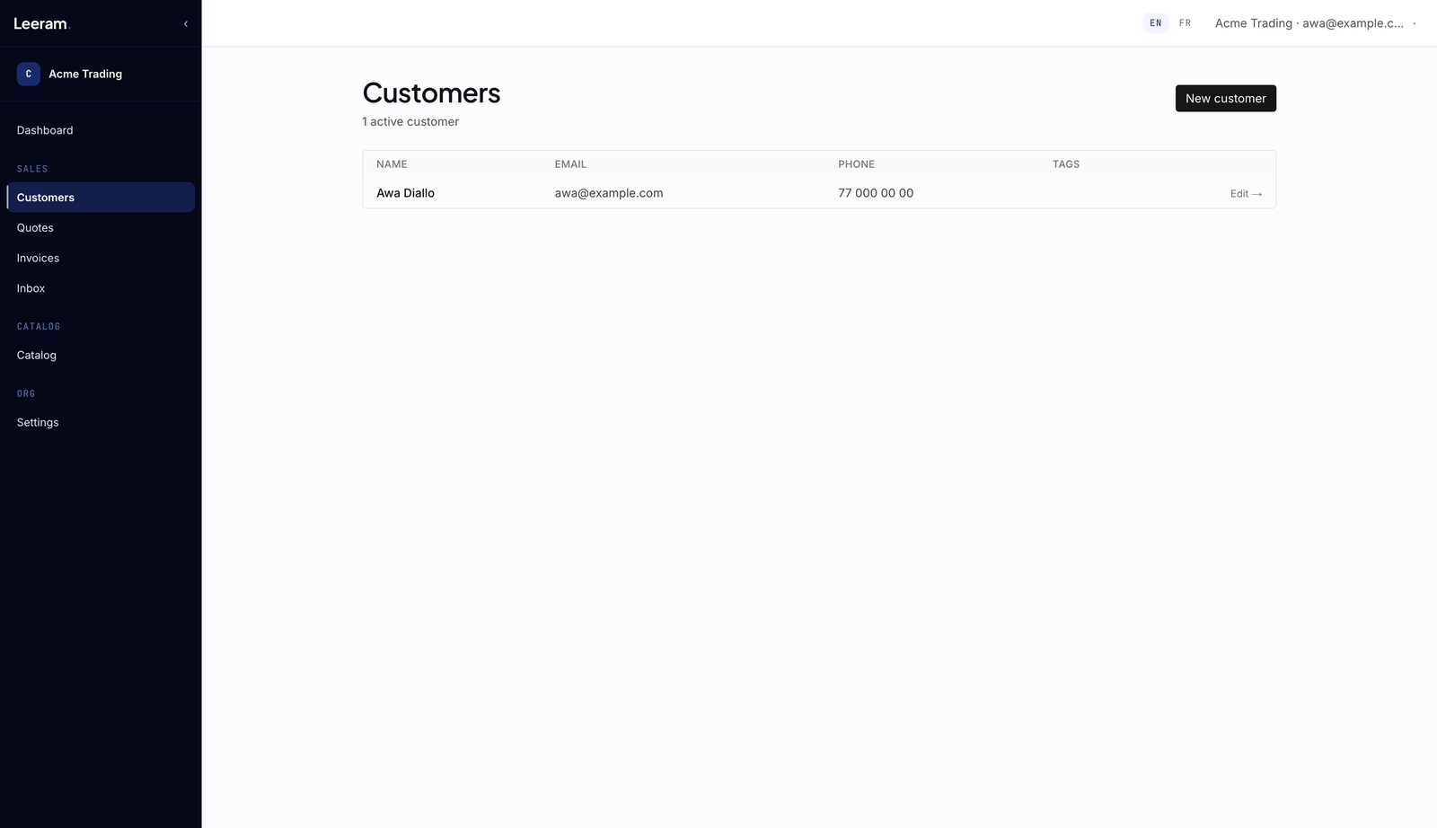 The customer list: name, email, phone and tags