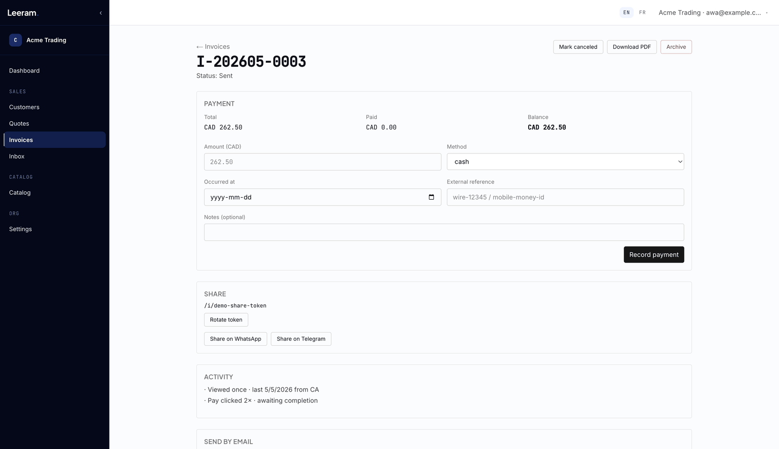 An invoice's Payment panel: total, paid and balance, and the Record payment form