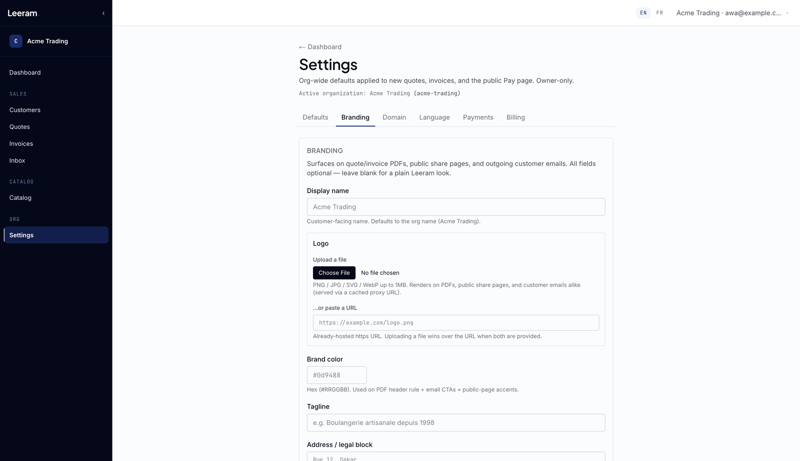 Settings, Branding tab: display name, logo, brand color and tagline