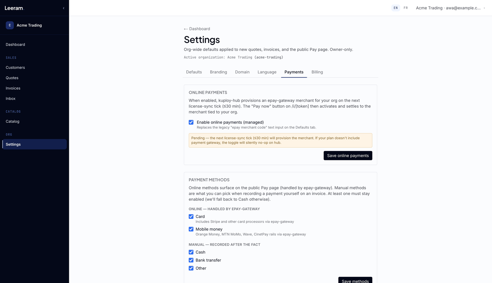Settings, Payments tab: Enable online payments and the payment methods